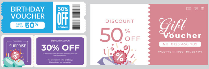 gift vouchers, collection of colorful discount vouchers and gift certificate templates offering percentage savings