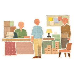 Paper cut style illustration of office scene with people