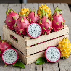 Fresh Dragon Fruits and Pitahaya in a Wooden Crate with Green Leaves on a Rustic Wooden Table