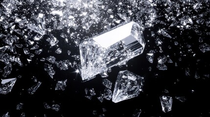 Clear crystal shards and broken fragments sparkling with light on a dark reflective surface