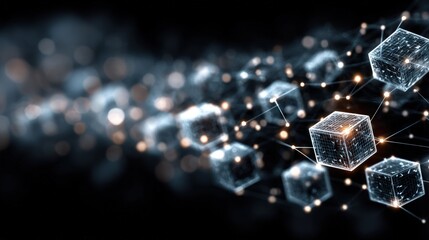 A futuristic digital illustration of glowing, translucent cubes connected by lines, set against a dark background
