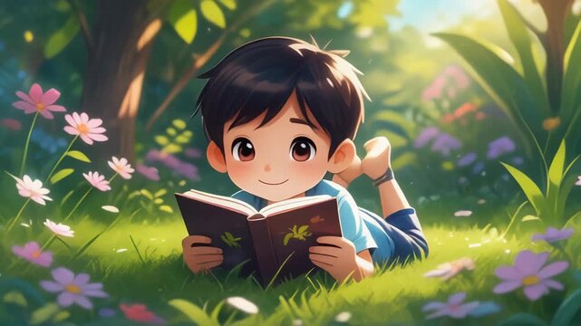 Child reading book in green garden