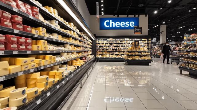 Cheese section in supermarket aisle