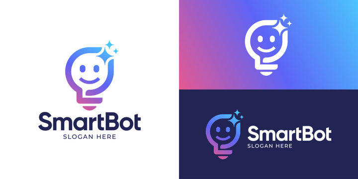 Creative modern smart bot logo template. Lightbulb with smile face bot logo design vector illustration.