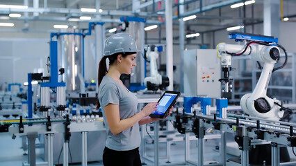 Female engineer controlling industrial robot with tablet in modern factory setting