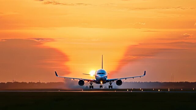 An airplane prepares for takeoff against a stunning sunset backdrop, casting warm tones across the sky. The airplane's silhouette contrasts with the vibrant sunset, marking a significant moment.