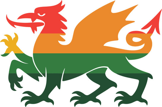 Welsh Dragon Silhouette with Red Gold and Green Horizontal Stripes