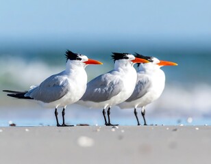 Three terns with black crests and vibrant orange beaks stand on a sandy beach, facing the ocean under a clear blue sky
