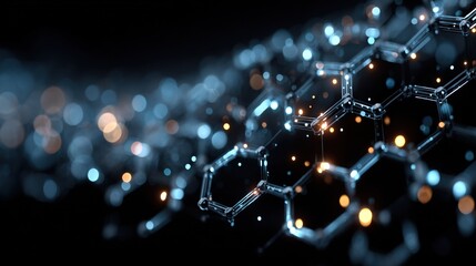 A glowing molecular structure with hexagonal rings and connected nodes against a dark background with blurred lights