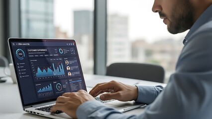 Man Analyzing Financial Data on Laptop in Modern Office Setting.