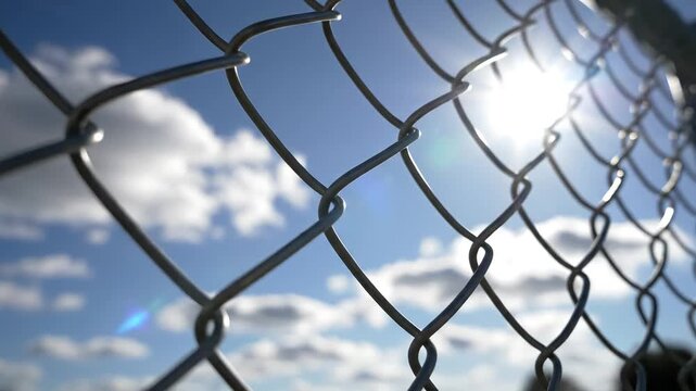 Chain link fence with sun and clouds