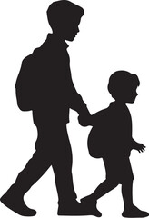 Silhouette of and child holding hands walking with backpacks