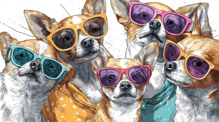 Playful chihuahuas in colorful sunglasses in a bright studio portrait