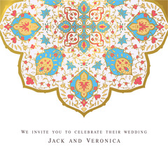 Invitation card design with vector mandala pattern. Ornamental floral frame. Vintage ornament card. Gold, Luxury wedding invitation