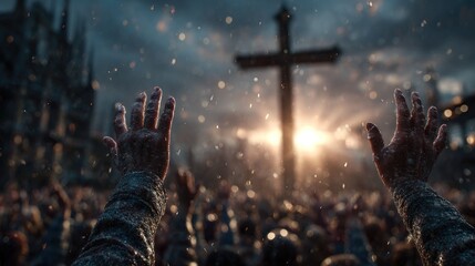 A dramatic scene of a crowd with raised hands and a large cross
