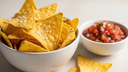 Bowl of tortilla chips with coarse salt. Mexican snack with salsa dip. Party food concept