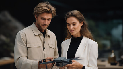 Two professionals review a sophisticated drone prototype, pointing at its features while brainstorming improvements, set against a backdrop of advanced technology and innovation. cinematic color