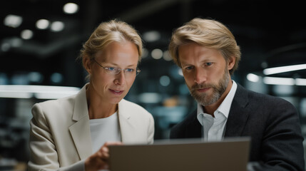 Two professionals review a sophisticated drone prototype, pointing at its features while brainstorming improvements, set against a backdrop of advanced technology and innovation. cinematic color