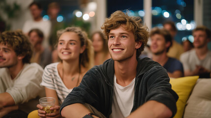 Fototapeta premium Housewarming party with mixed group of people enjoying first evening in new home, relaxed talk, shared snacks, comfort, achievement and emotional sense of belonging cinematic color correction,