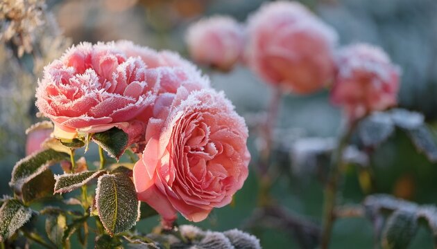 Bluten Der Pink Rose Pomponella Mit Raureif Im Spatherbst Garten