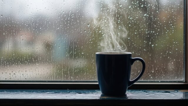Steaming hot drink in a blue mug on a wet windowsill. Rainy window background with water drops. Cozy indoor weather concept - Powered by Adobe