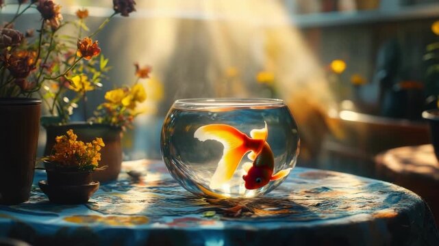 A goldfish bowl on a table, as a symbol of life on the Iranian New Year Nowruz. Banner. Copy space