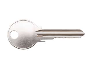 Single metal door key isolated on white background