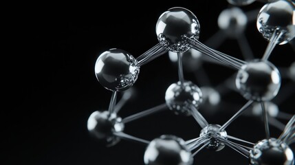 Close up of a metallic molecular structure with interconnected spheres and thin connecting rods on a dark background