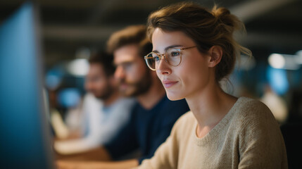 Modern coworking space with people working together, open workspace, shared office, diverse professionals, startup culture, creative teamwork, business collaboration, flexible workspace and remote