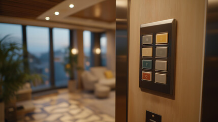 Close-up of a modern elevator panel displaying level buttons, precise layout and lighting emphasizing navigation, accessibility features, and public building design. cinematic color correction,