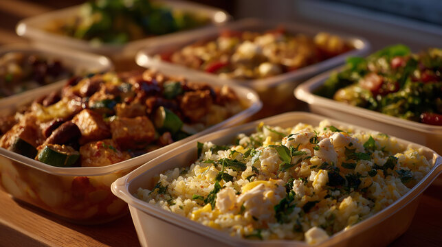Busy weekday meal prep with lunch items measured by portion, packed into portable containers to support nutrition control and on-the-go eating. cinematic color correction, natural uneven lighting