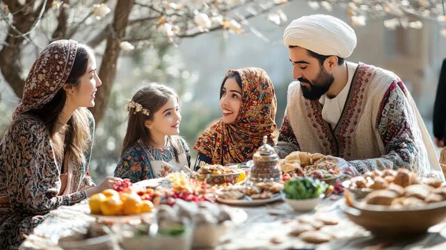 A family gathered around a Haft-Seen table, dressed in traditional Persian attire, celebrating Nowruz with smiles and joy