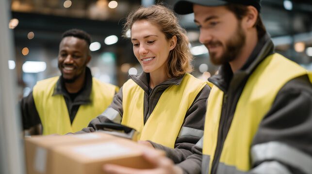 Staff preparing goods for delivery at a warehouse, people verifying quantities and documentation highlighting quality control, accuracy, and operational readiness. cinematic color correction,