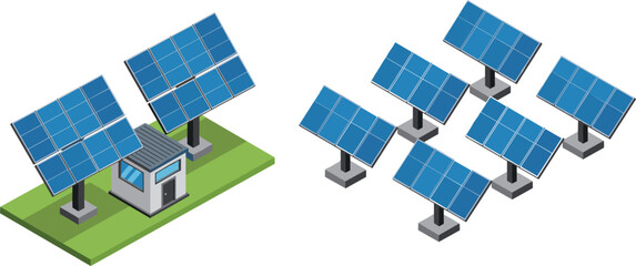 Isometric solar panel power station and photovoltaic array illustration showing renewable energy technology for sustainable electricity generation design © VectoBloom