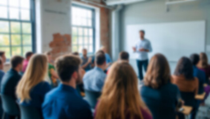 Diverse audience attentively listens to speaker presenting information at a workshop