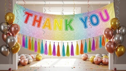 Thank you banner with colorful letters and rainbow glitter. Festive party decoration with metallic balloons and confetti. Gratitude and appreciation concept
