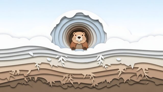 A cartoon mole peeking out of a snowy tunnel in a layered soil landscape