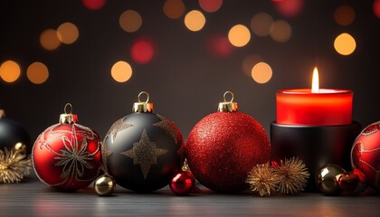 Red And Black Christmas Ornaments With Green Pine Branches