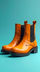 Stylish Orange Chelsea Boots on Teal Background - Fashionable Footwear.