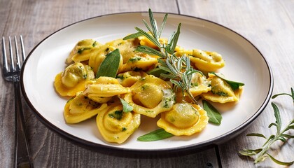 Delicious Plate Of Tortelli Di Zucca With Sage On A White Plate