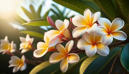 Big Bright Flowers Of Plumeria Tree