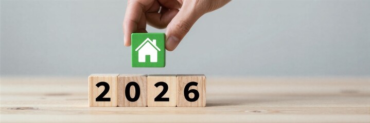 Hands with 2026 and home icon building blocks