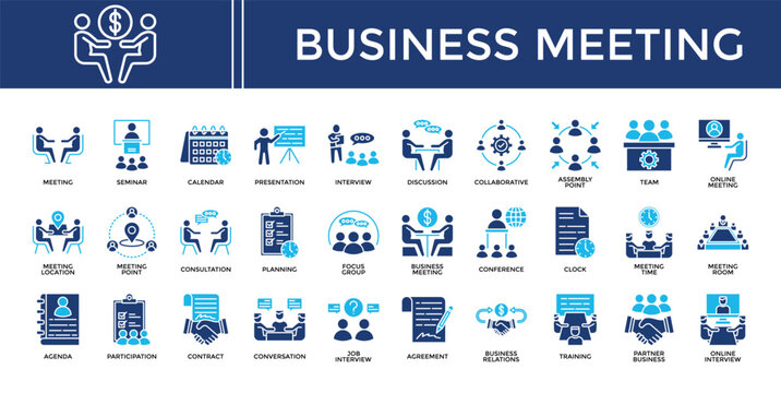 Business Meeting icon set collection. Containing partner, interview, program, seminar, audience, planning, conference .Solid vector icons collection