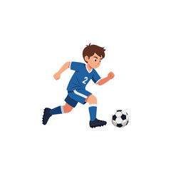 Young boy in blue uniform playing soccer with a ball.