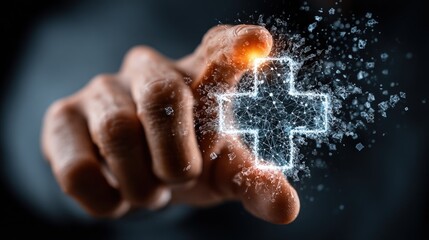 A hand touching a glowing cross symbol surrounded by particles