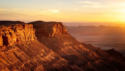 Rocky Desert Cliffs Illuminated By Setting Sun In Warm Golden Tones