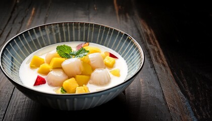 Scallops Ceviche With Mango And Pineapple In Coconut Milk Thai Style Copy Space