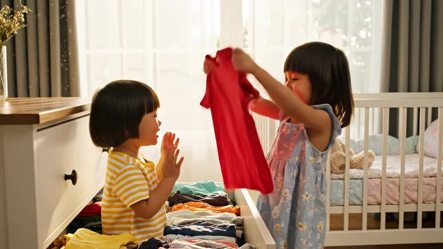 Two children sorting clothes in a drawer