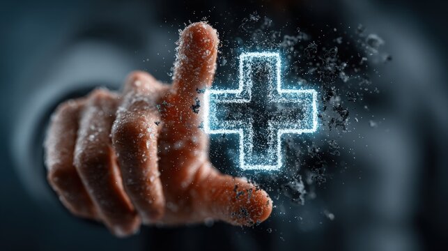 A person's hand with their index finger extended, touching a glowing blue plus sign - Powered by Adobe