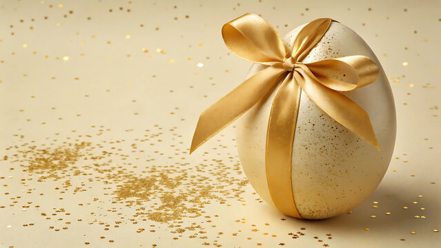 A luxurious gold Easter egg with a ribbon and confetti on a beige background
